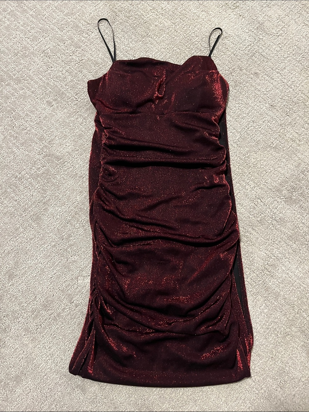Emerald Sundae Burgundy Shimmer Spaghetti-Strap Ruched Midi Dress